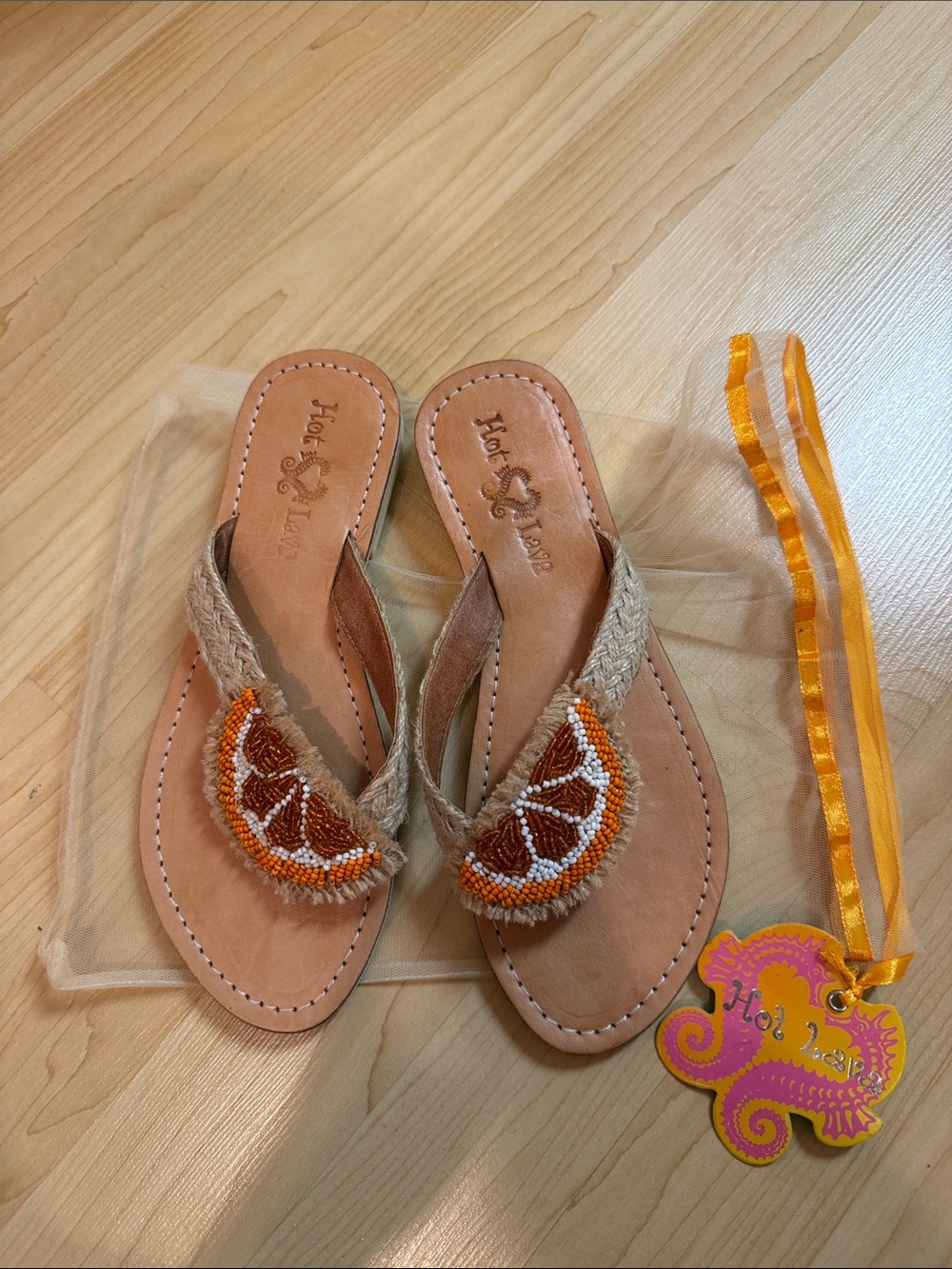Hand-Beaded Orange Embroidery Thong Sandals — Women